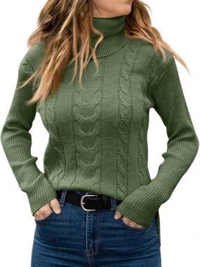 Women’s Olive Cable Knit Turtleneck Sweater